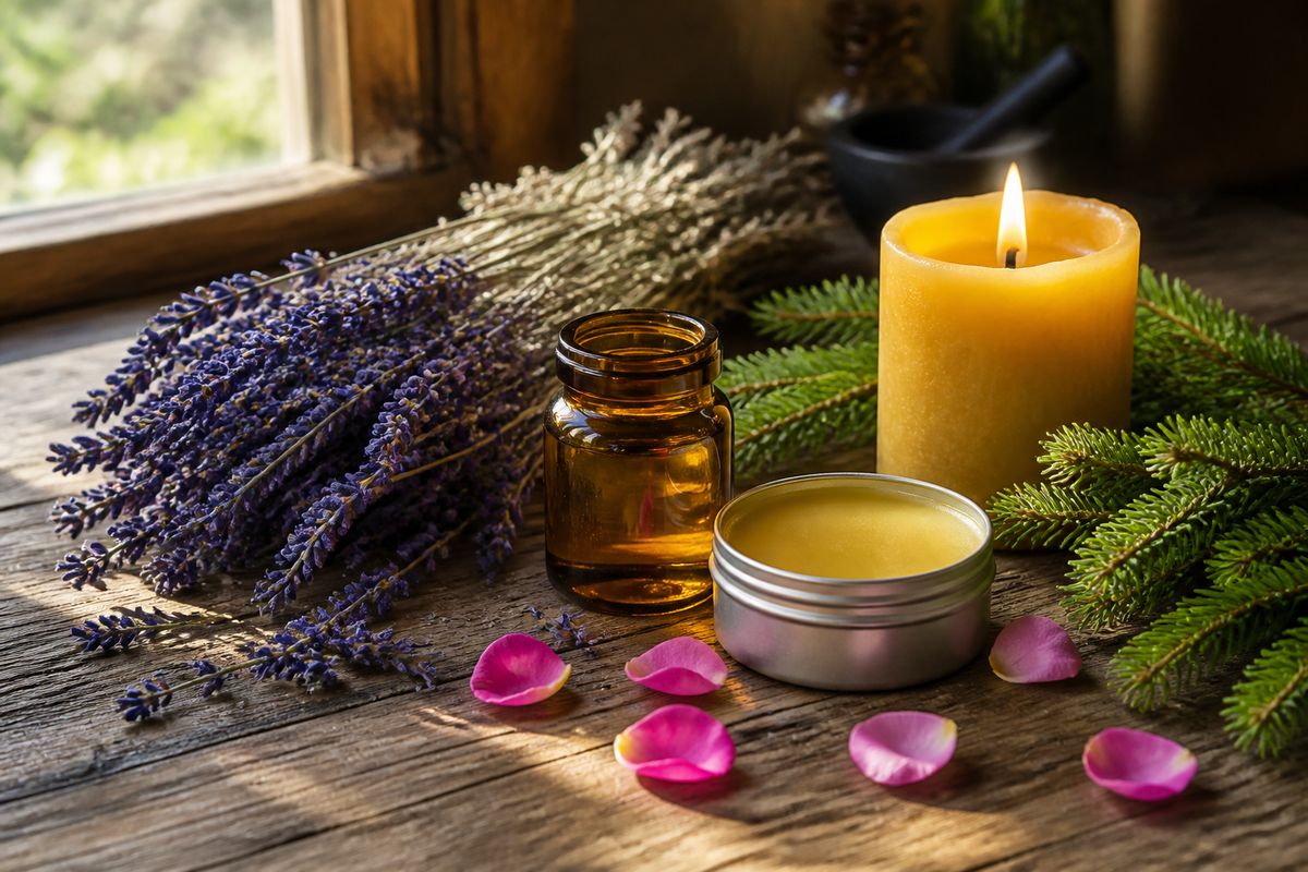 Dried lavender, herbal infused oil, a salve tin and a beeswax candle on a rustic table
