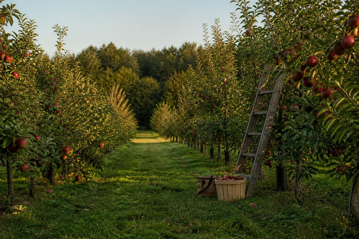 A small backyard apple orchard of young semi-dwarf trees in neat rows, branches heavy with red apples