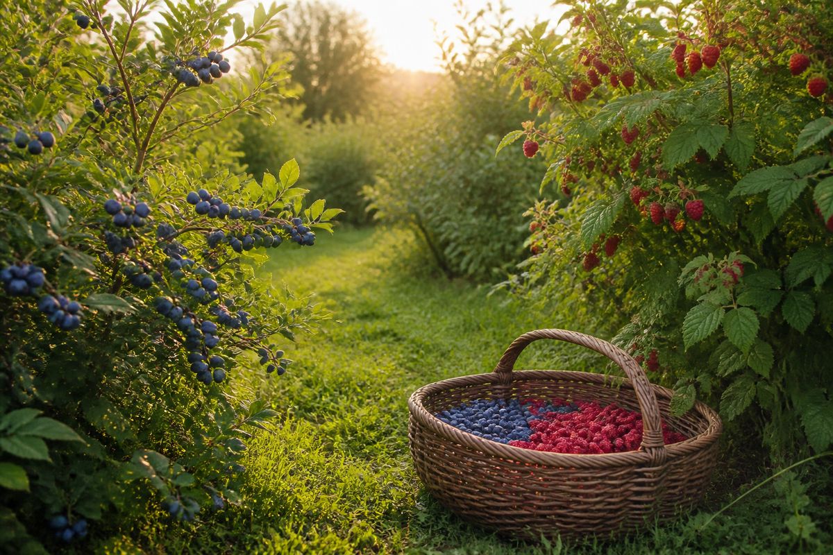 Ripe blueberries, strawberries and raspberries in a backyard berry patch