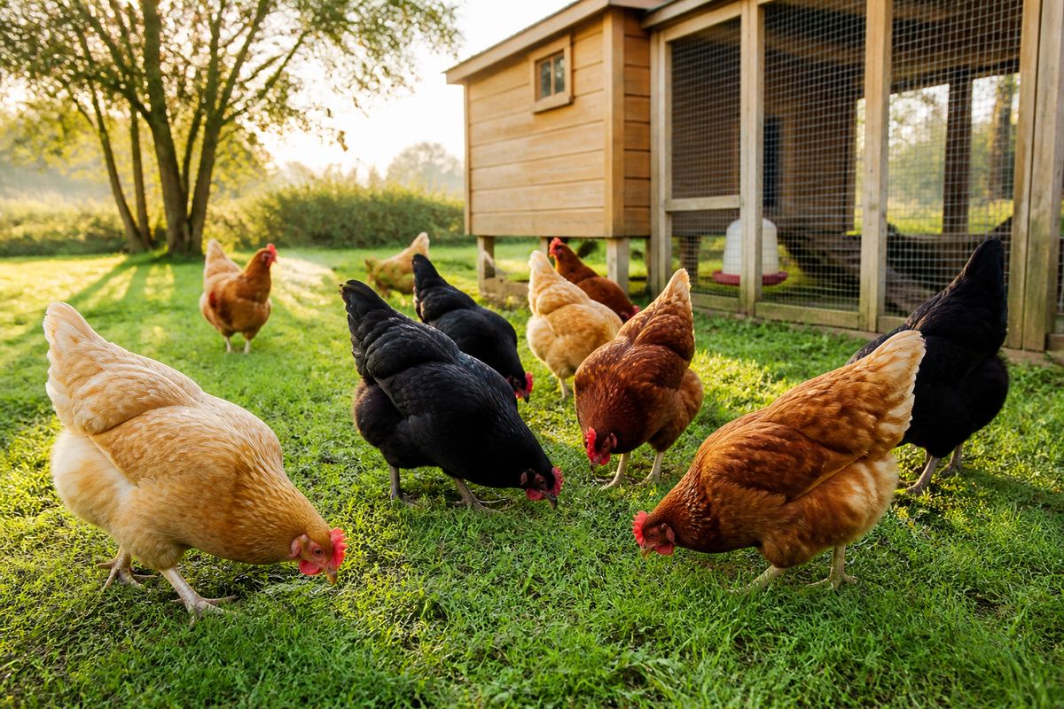 A mixed backyard flock of healthy laying hens (buff