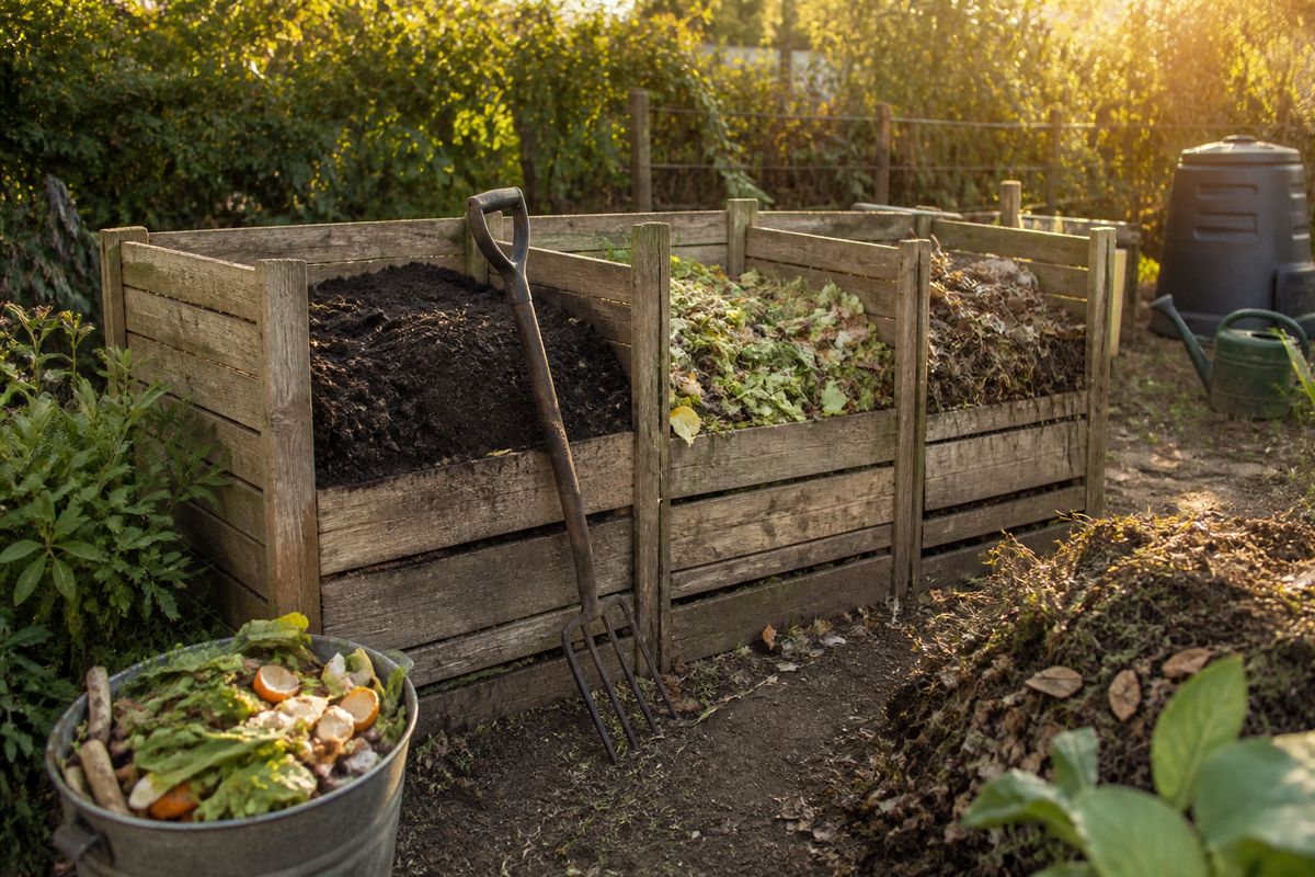 A backyard compost bin full of garden scraps and leaves