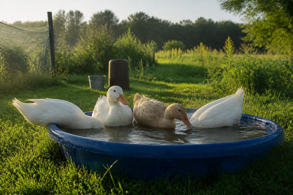 A small group of white and khaki backyard ducks dabbling in a shallow kiddie-pool style water tub on a grassy homestead yard