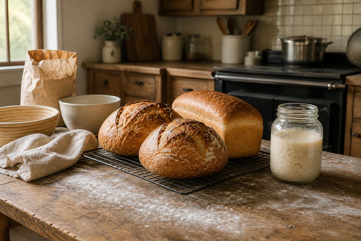 Freshly baked crusty sourdough boules and a loaf of sandwich bread cooling on a wire rack on a floured farmhouse table