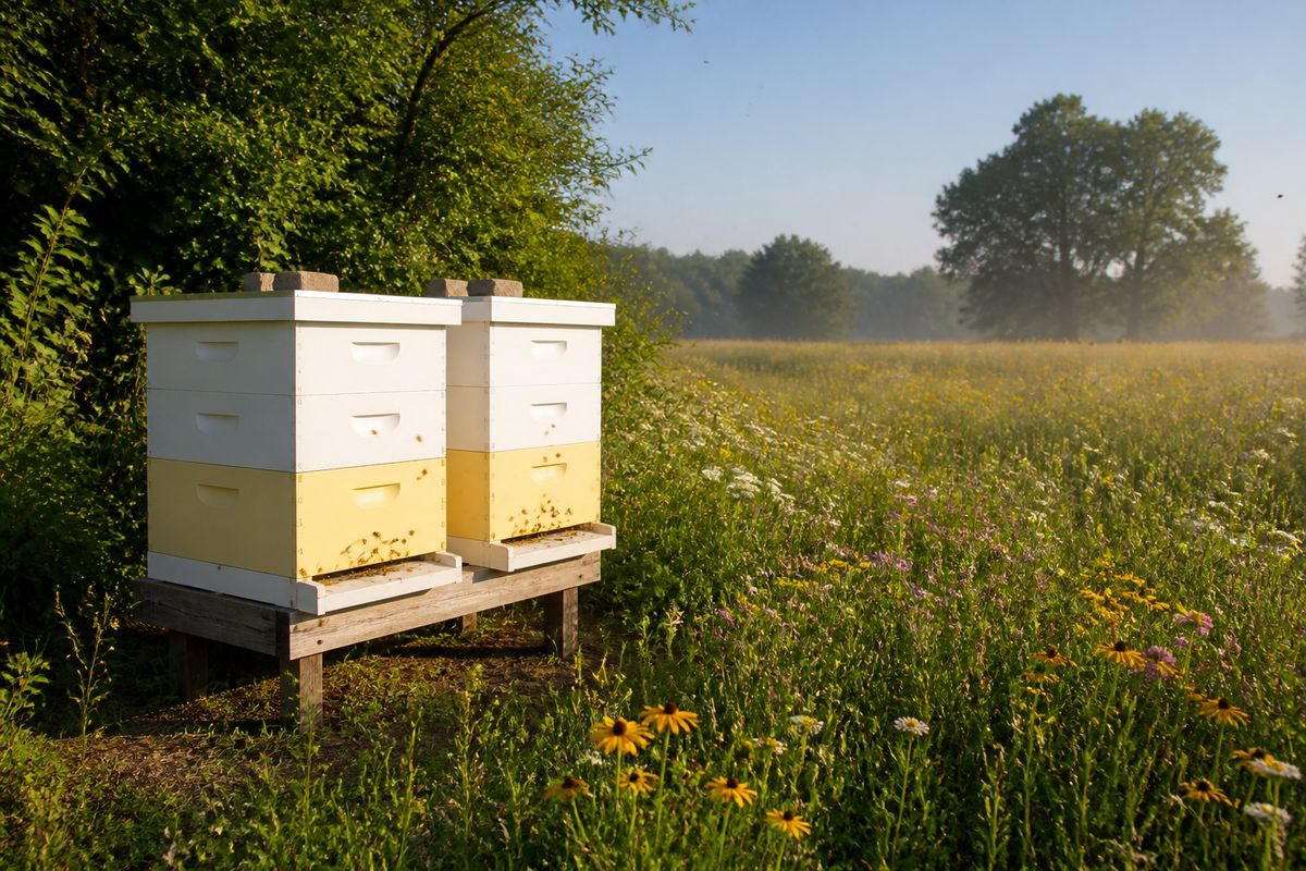 Two white and pale-yellow Langstroth beehives on a wooden stand at the edge of a wildflower meadow