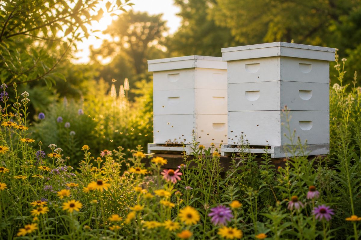 A handmade wooden Langstroth beehive on a stand