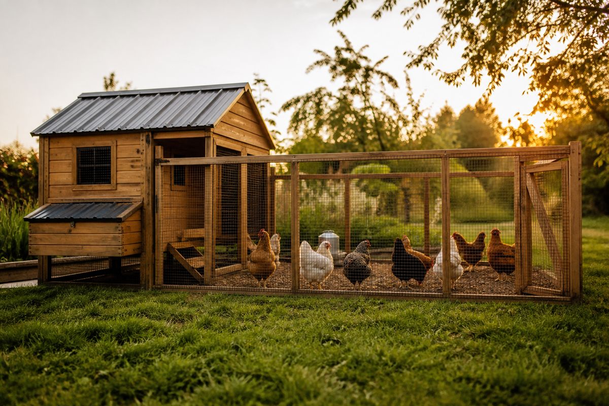 A wooden backyard chicken coop with a predator-proof run