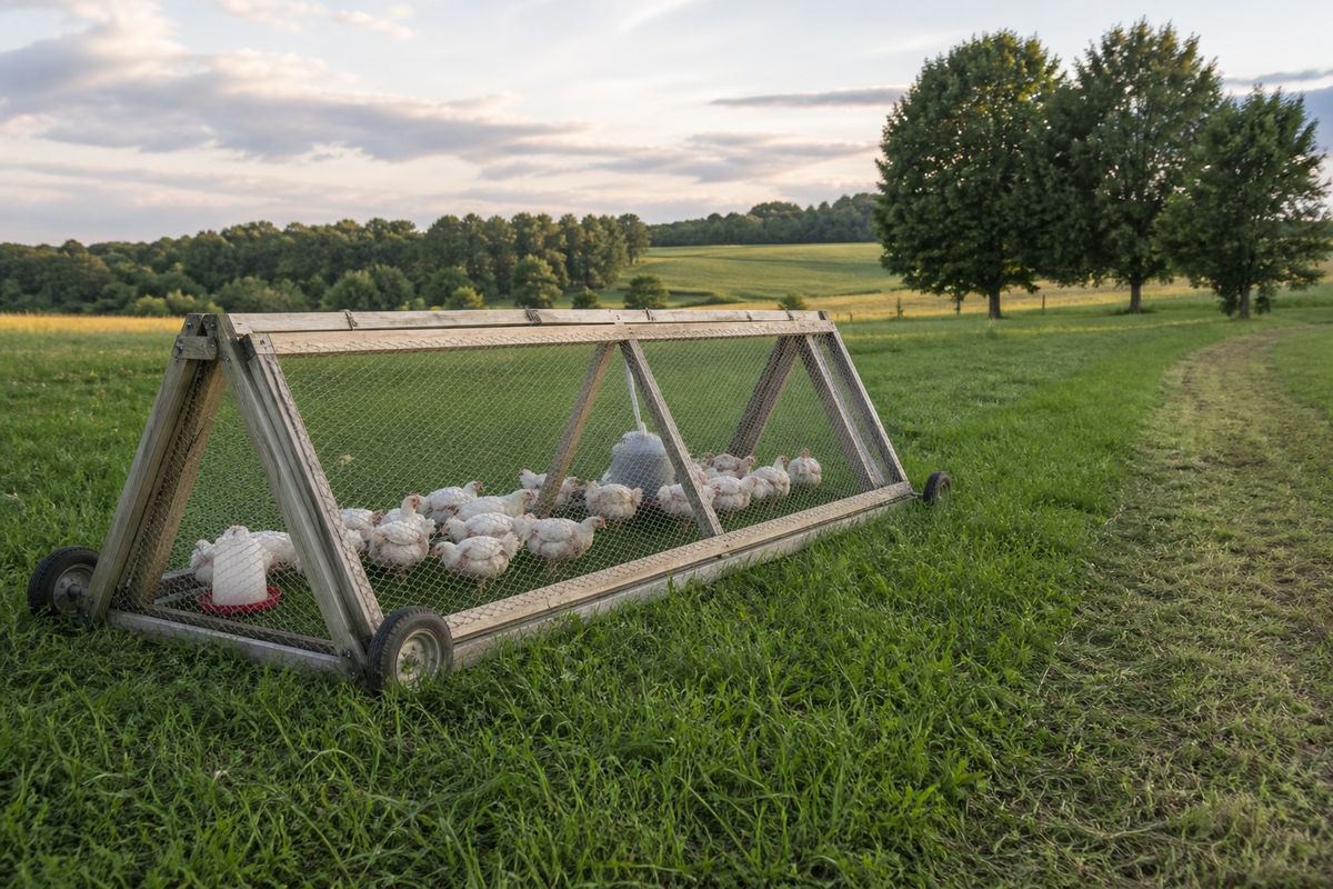 A wooden A-frame mobile chicken tractor with wire mesh sides sitting on fresh green pasture