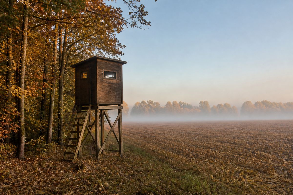 A small elevated wooden hunting blind on sturdy legs with a short ladder at the edge of a hardwood forest overlooking an autumn field
