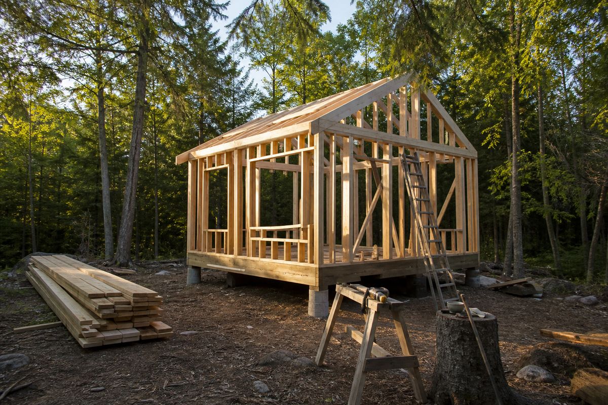 A half-built small wooden cabin frame with a raised floor platform on concrete piers in a forest clearing, stacked lumber