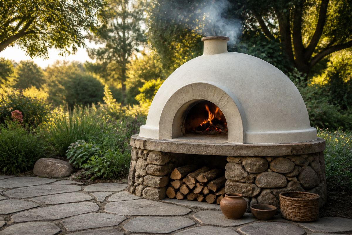 A finished round earthen cob pizza oven with a lime-plastered dome and arched door opening on a stone base in a backyard garden