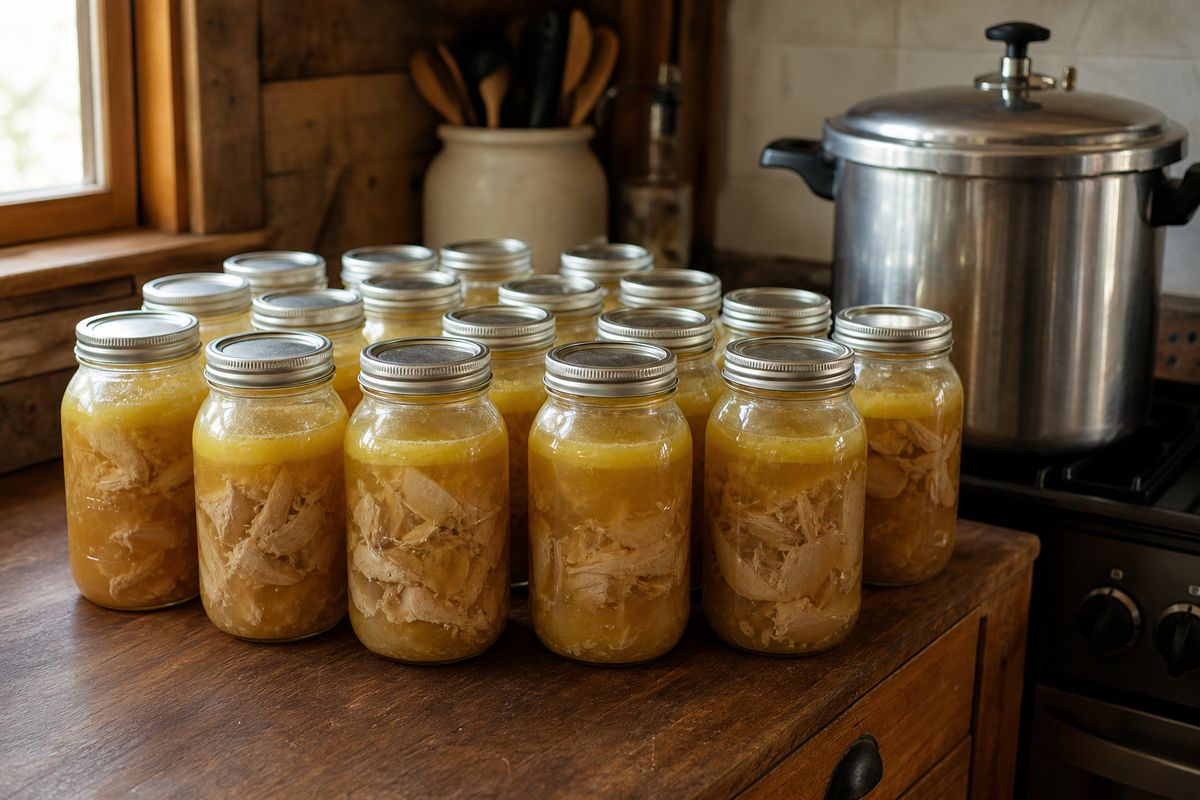 Rows of sealed glass mason jars of home-canned golden chicken broth and chunks of meat on a wooden kitchen counter beside a stovetop pressure canner
