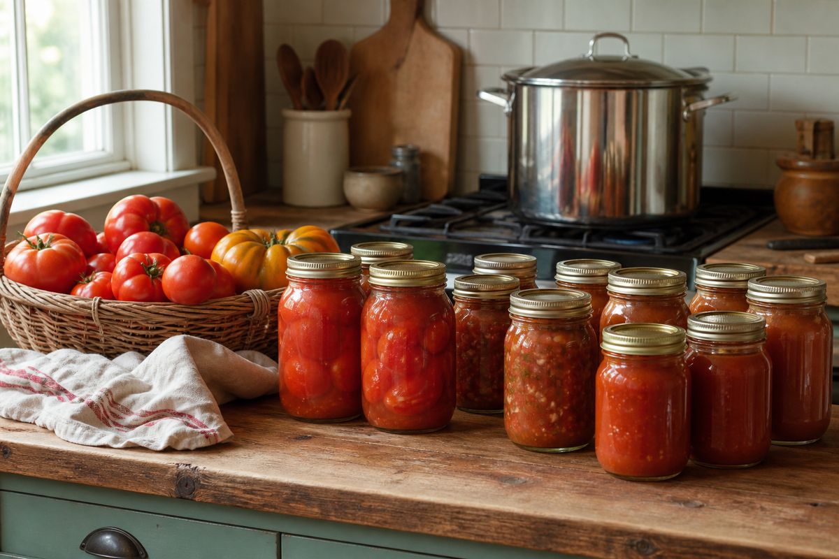 Glass mason jars of home-canned whole tomatoes, red salsa and tomato sauce on a farmhouse counter