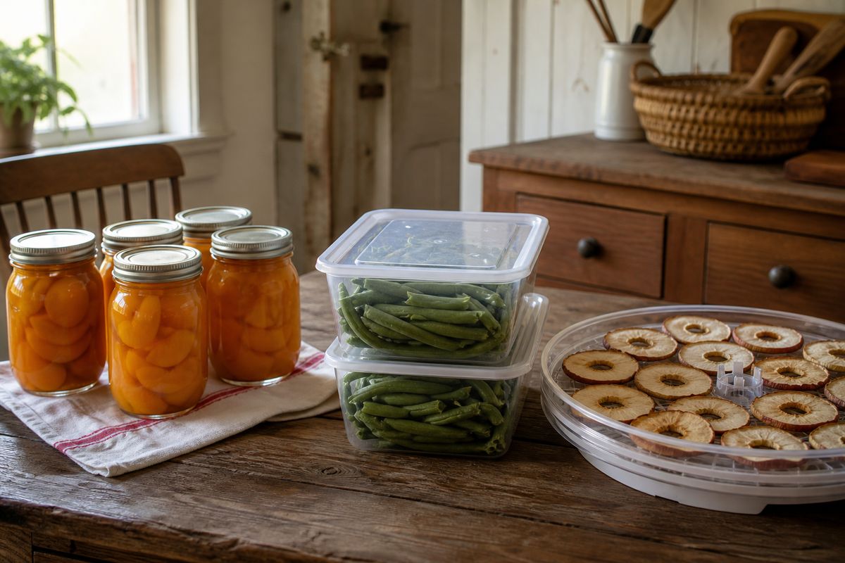 A farmhouse kitchen table showing three ways to preserve the harvest side by side: sealed canning jars of peaches