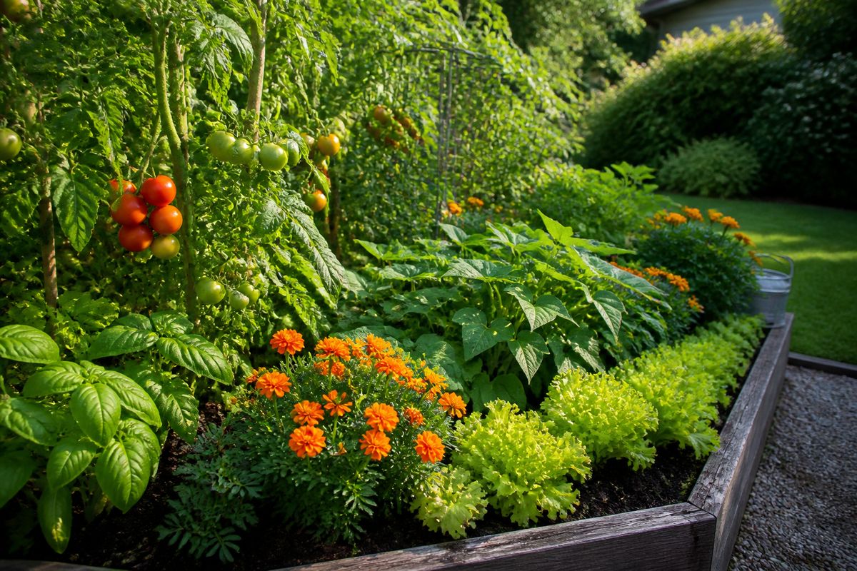 A lush backyard vegetable garden bed with tomatoes, basil, marigolds, bush beans and lettuce interplanted together