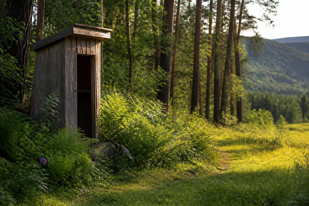 A simple wooden composting toilet in an off-grid outhouse