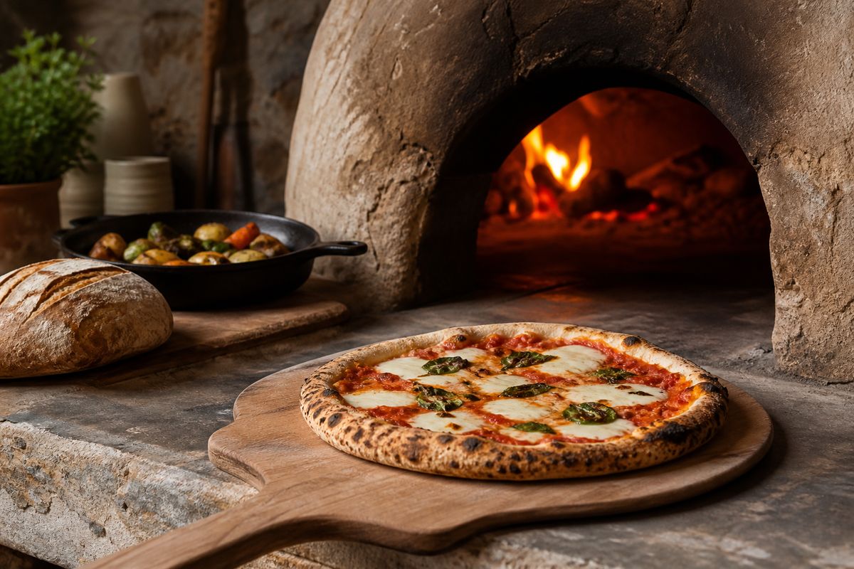 A blistered wood-fired pizza on a wooden peel in front of a glowing earthen cob oven