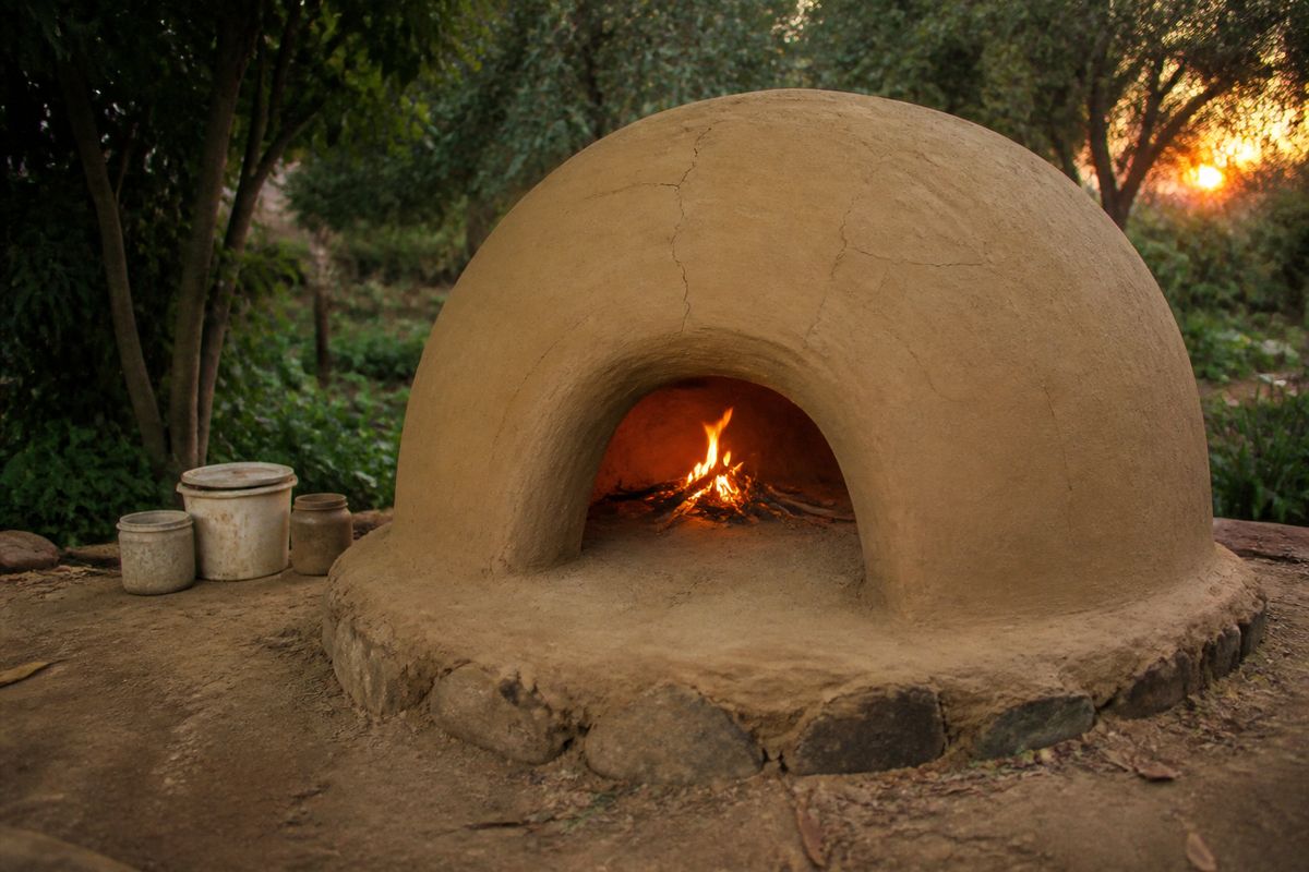 A newly built earthen cob oven dome drying in a backyard with a small gentle fire of kindling inside