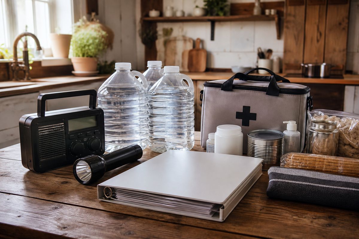 A neatly organized emergency preparedness setup on a wooden table: a closed three-ring binder with blank cover, a flashlight