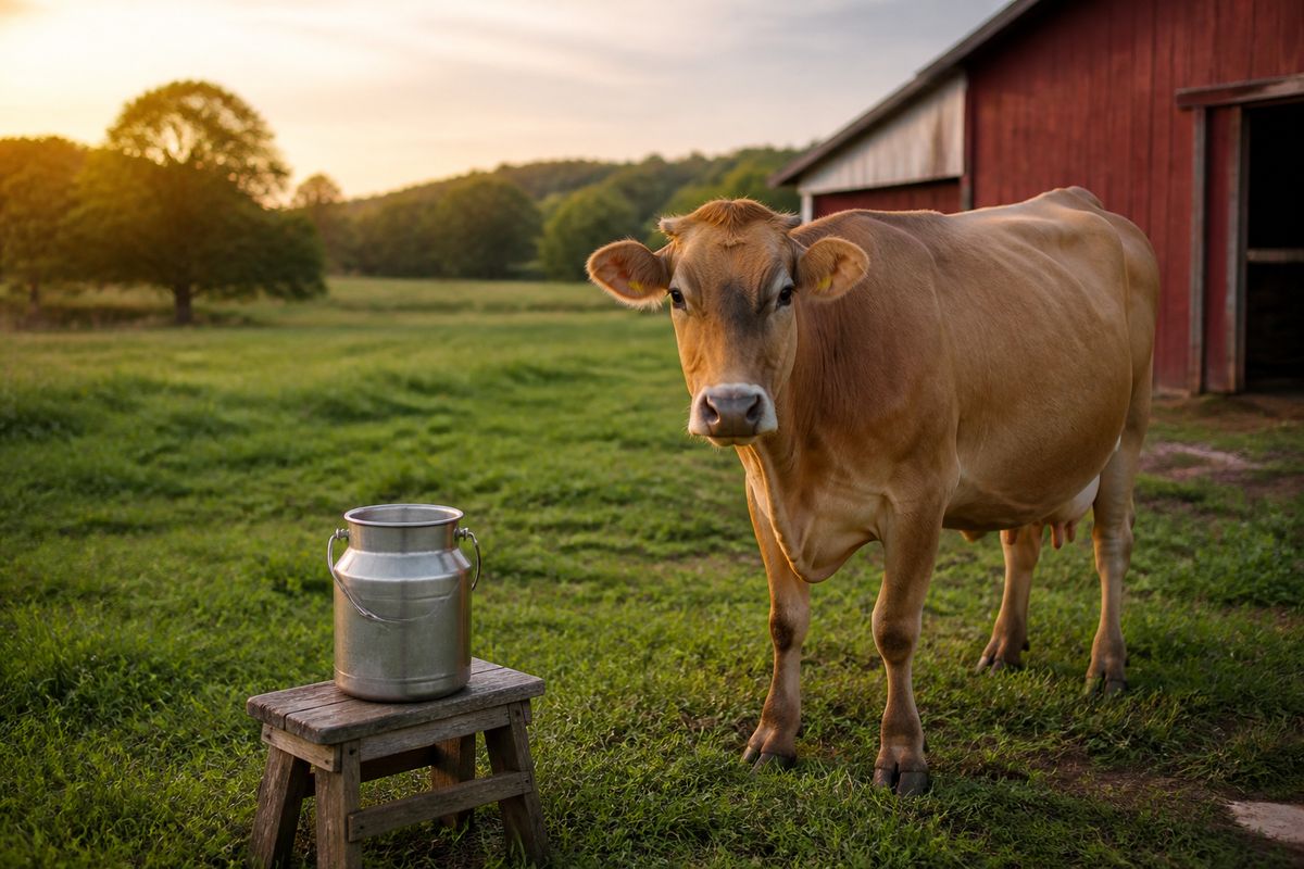 A family milk cow standing in a pasture near a barn