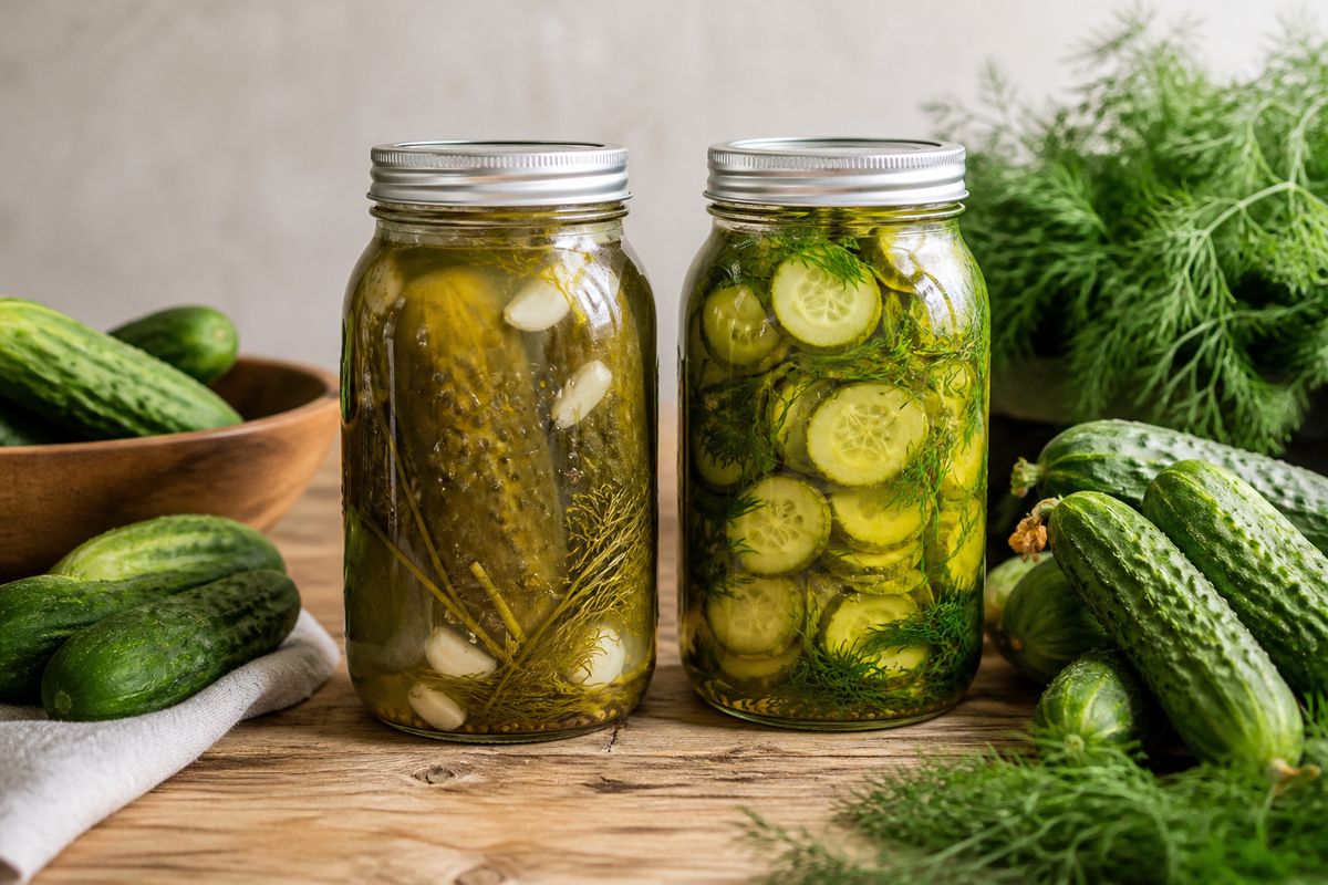 Two glass jars side by side on a wooden counter: cloudy fermented dill pickles with garlic and dill in brine