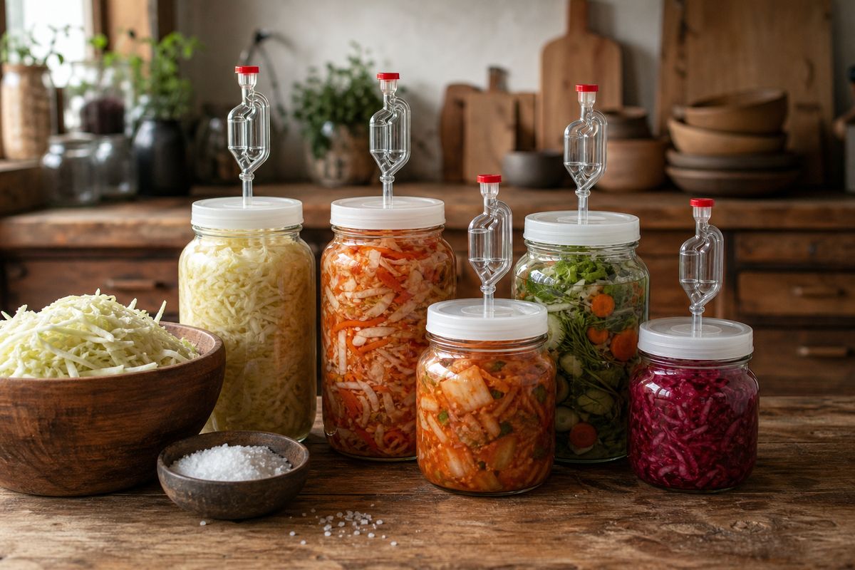 Glass jars of homemade sauerkraut and fermented vegetables with fermentation weights and airlock lids