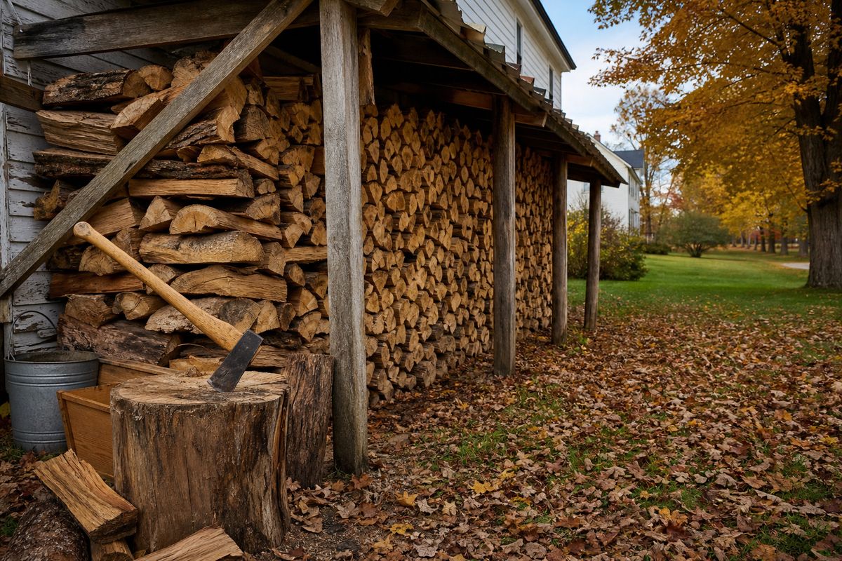 A long neat stack of split seasoned firewood under a simple roofed woodshed beside a farmhouse