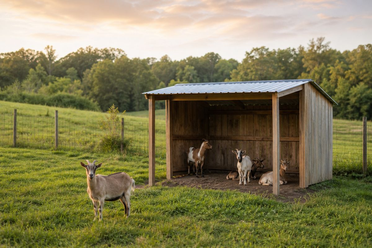Goats and sheep resting in a three-sided loafing shed