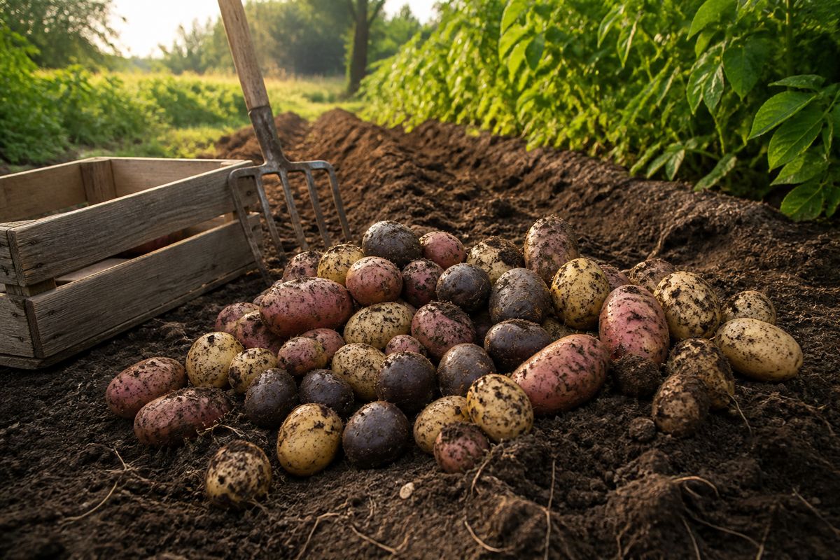 Freshly dug potatoes of several colors lying on dark garden soil beside a garden fork and a wooden crate