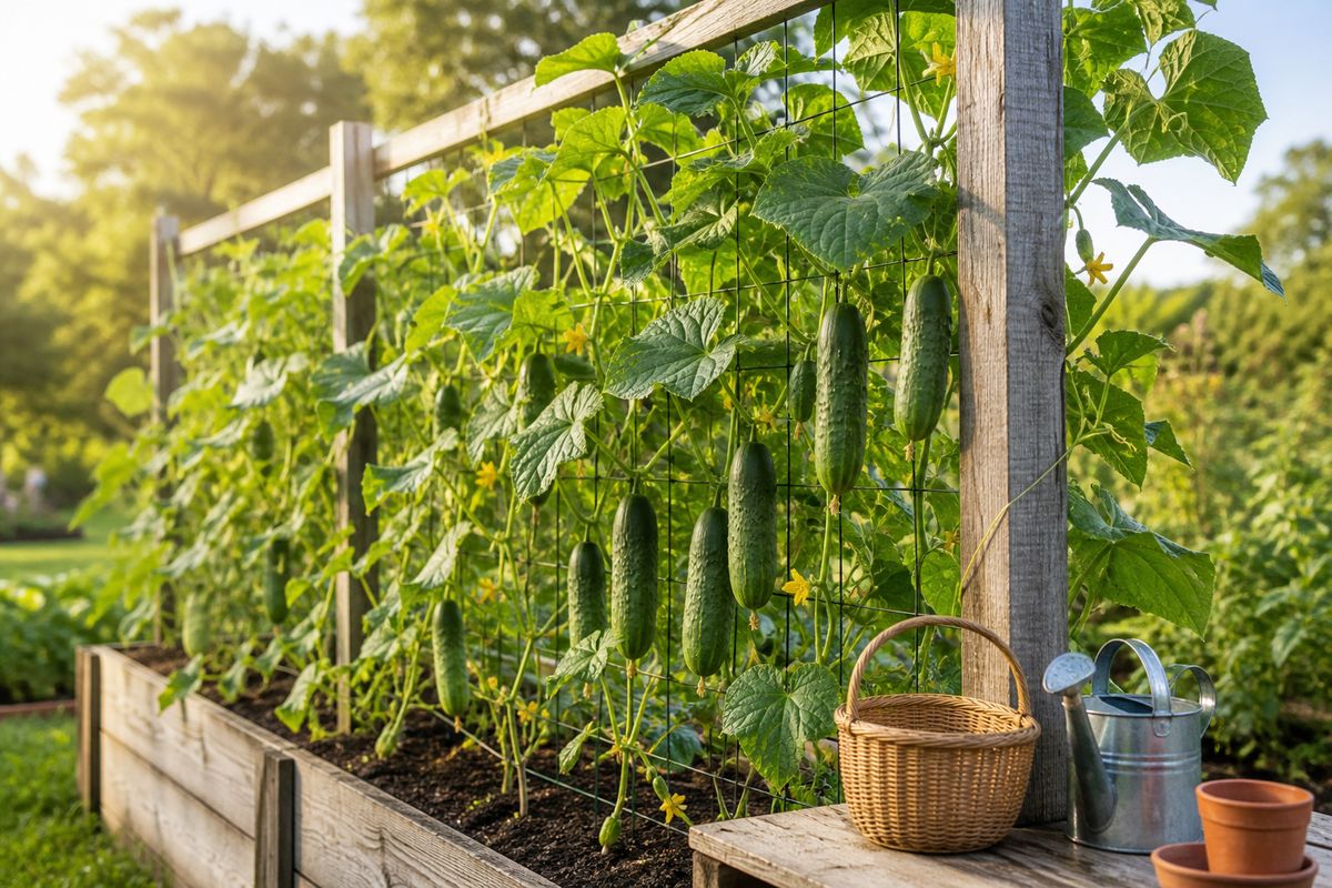 Cucumber vines climbing a wooden and wire garden trellis with several green cucumbers and yellow flowers hanging, raised bed