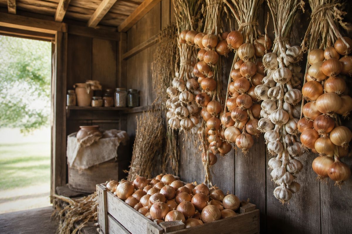 Braided bunches of cured garlic and onions hanging to dry in an airy barn beside a crate of harvested onions, soft side light
