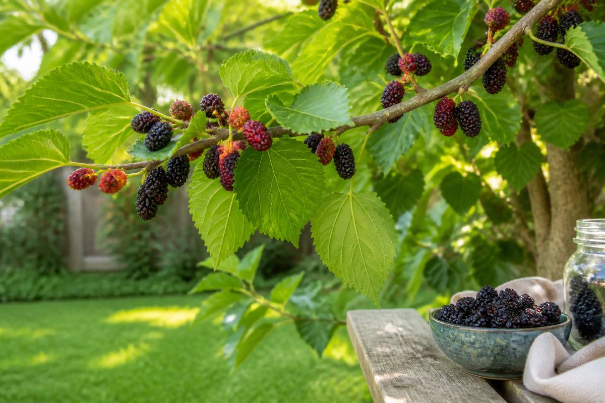 Close view of a backyard mulberry tree branch heavy with ripe dark purple and red mulberries