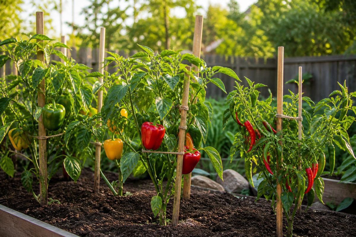 Healthy bell pepper and hot pepper plants in a backyard garden bed with green, red and yellow peppers
