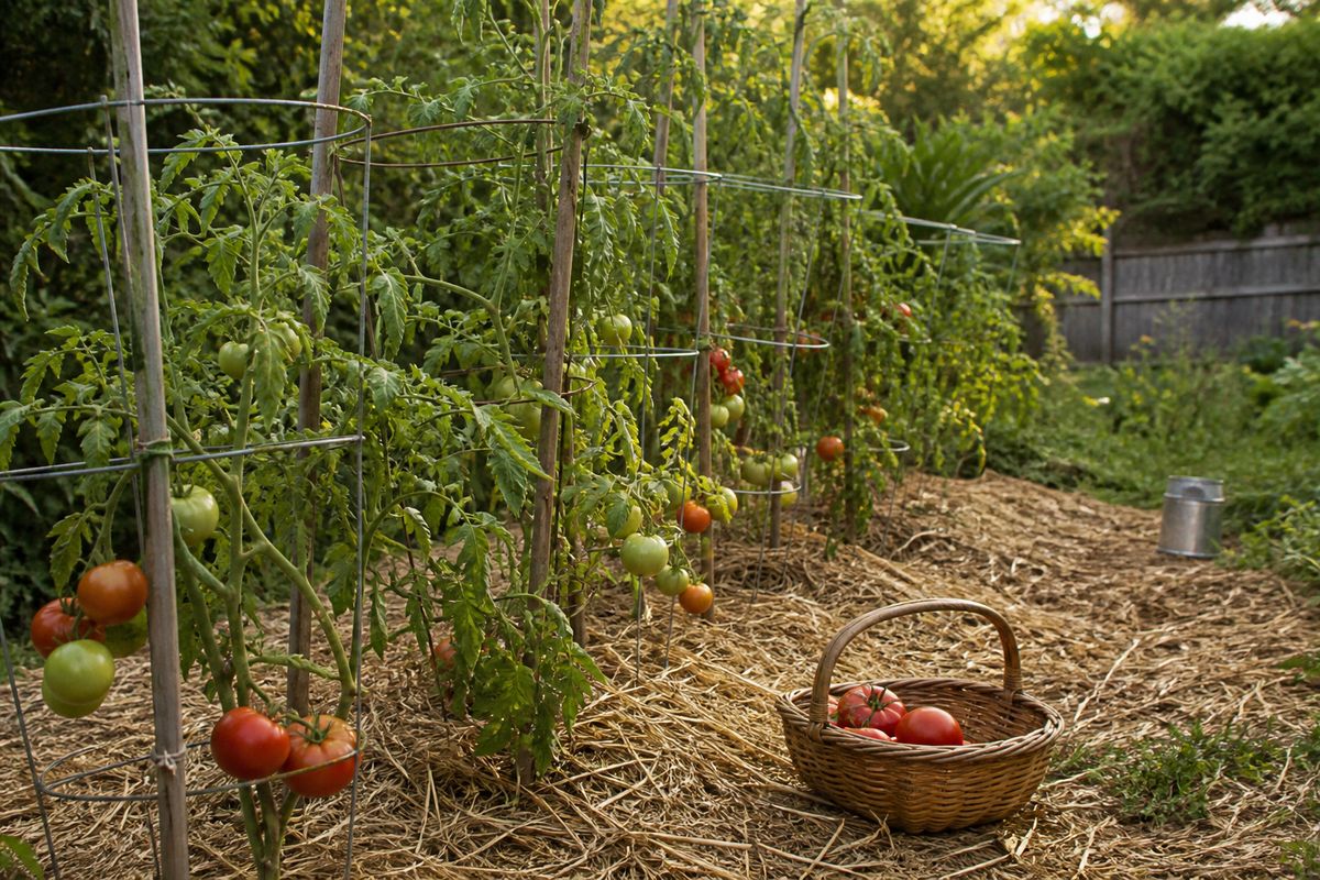 Staked and caged tomato plants in a backyard garden with clusters of ripening red and green tomatoes, straw mulch on the soil