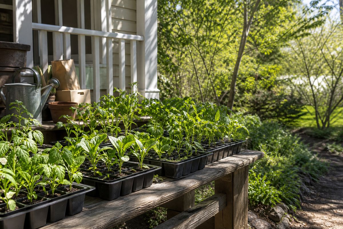 Trays of young vegetable seedlings in pots set outdoors on a wooden bench in dappled spring sunlight beside a porch