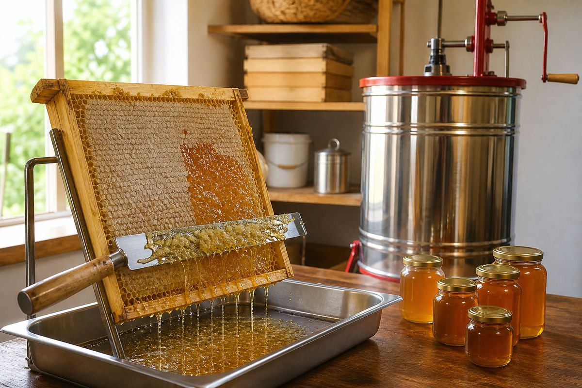 A wooden frame of capped honeycomb being uncapped over a stainless pan, golden honey dripping