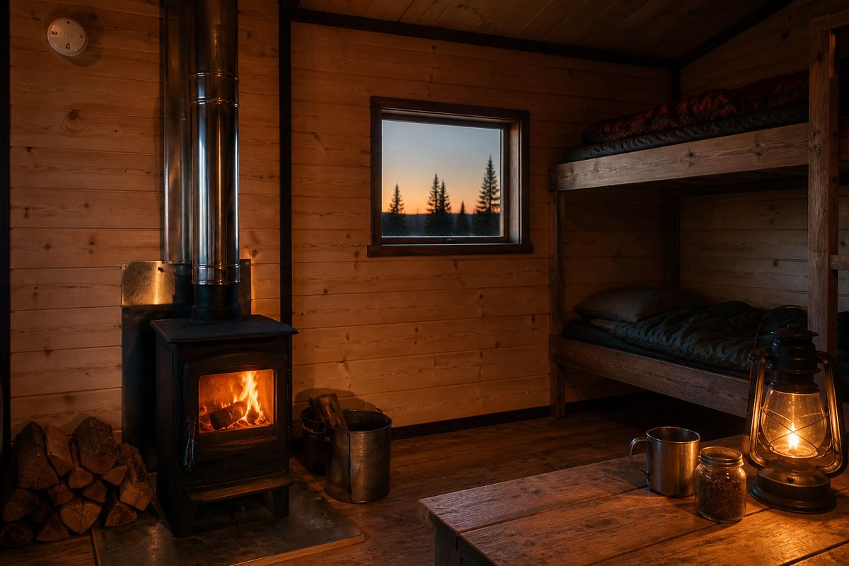 Interior of a small cozy insulated hunting cabin at dusk with a small wood stove glowing