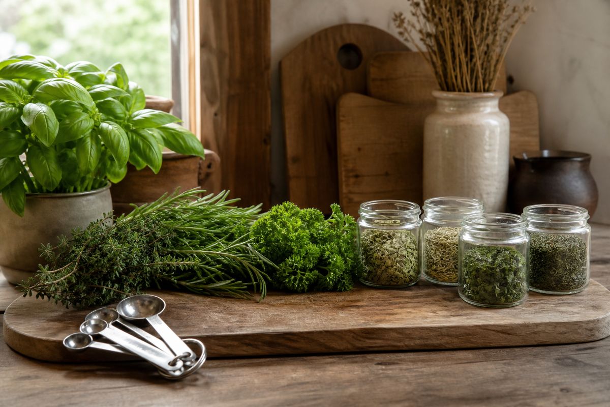 Fresh herbs (basil, thyme, rosemary, parsley) beside small glass jars of the same herbs dried