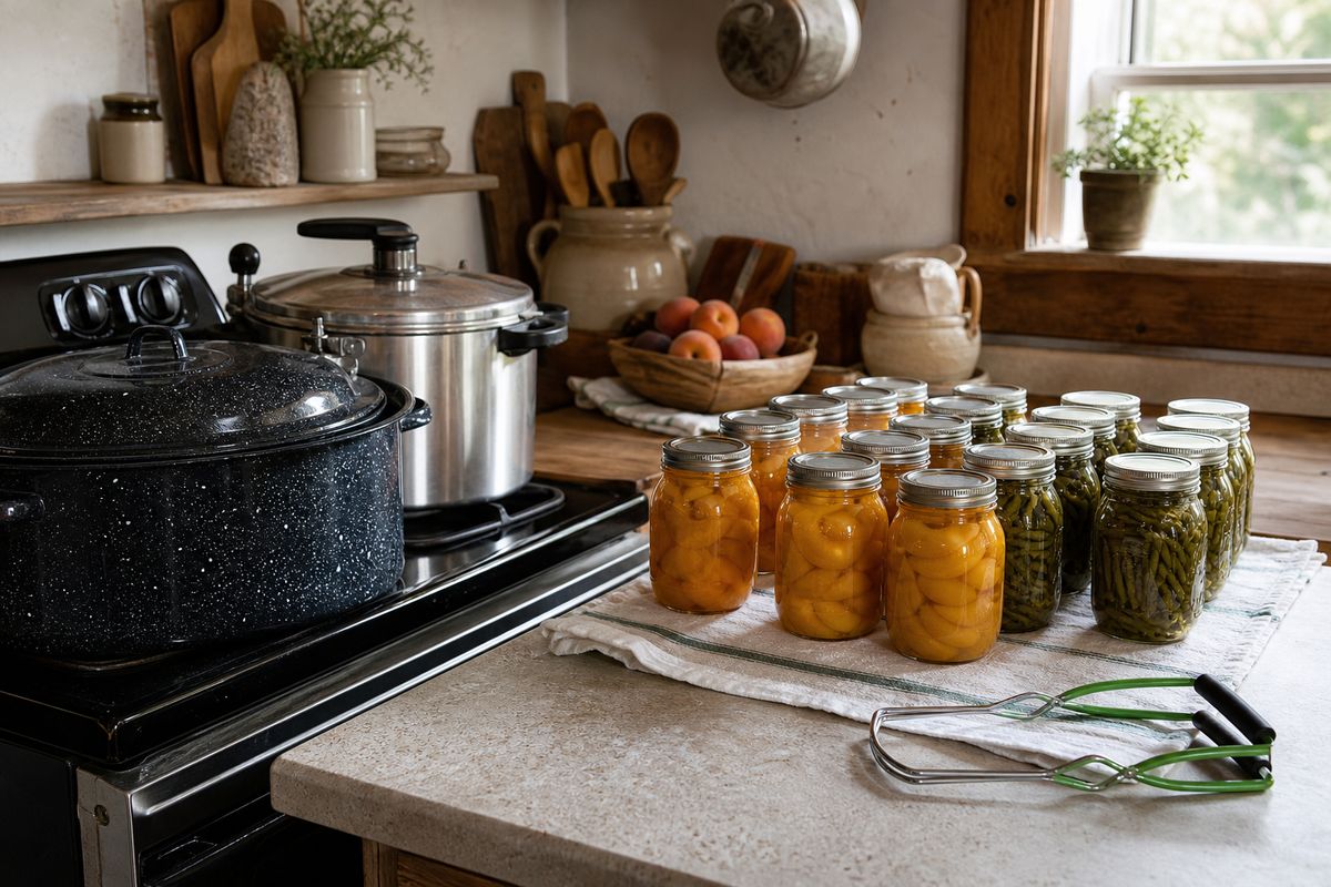 A farmhouse kitchen with a large enamel water-bath canner and a stovetop pressure canner on the stove