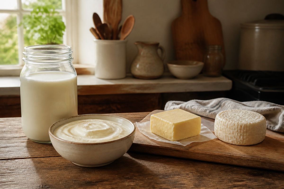 A farmhouse kitchen counter with a jar of fresh milk, a bowl of homemade yogurt