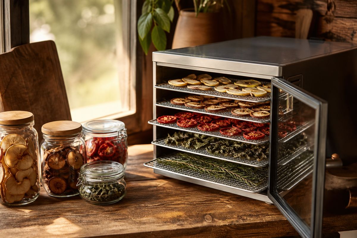 Dehydrator trays of dried fruit and vegetables