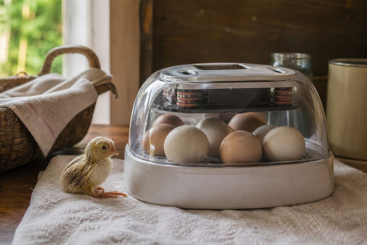 A small tabletop egg incubator with a clear lid holding chicken and duck eggs