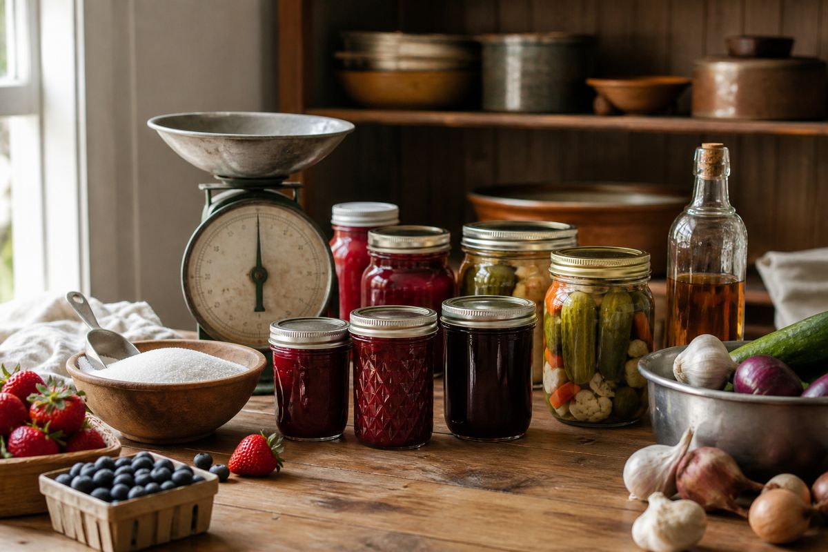 Jars of homemade strawberry and blueberry jam and pickled vegetables on a wooden counter with a kitchen scale, bowl of sugar