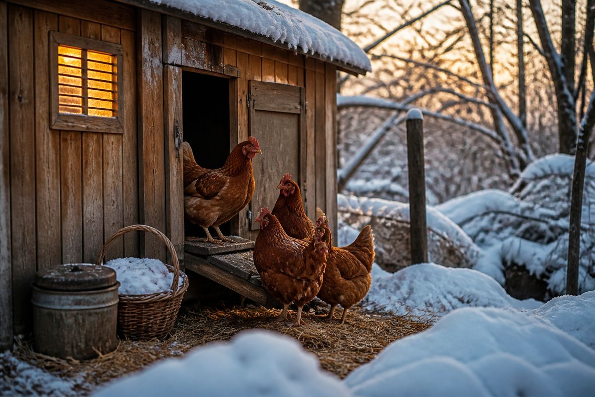 A cozy wooden chicken coop in winter snow with warm light glowing from a vent window
