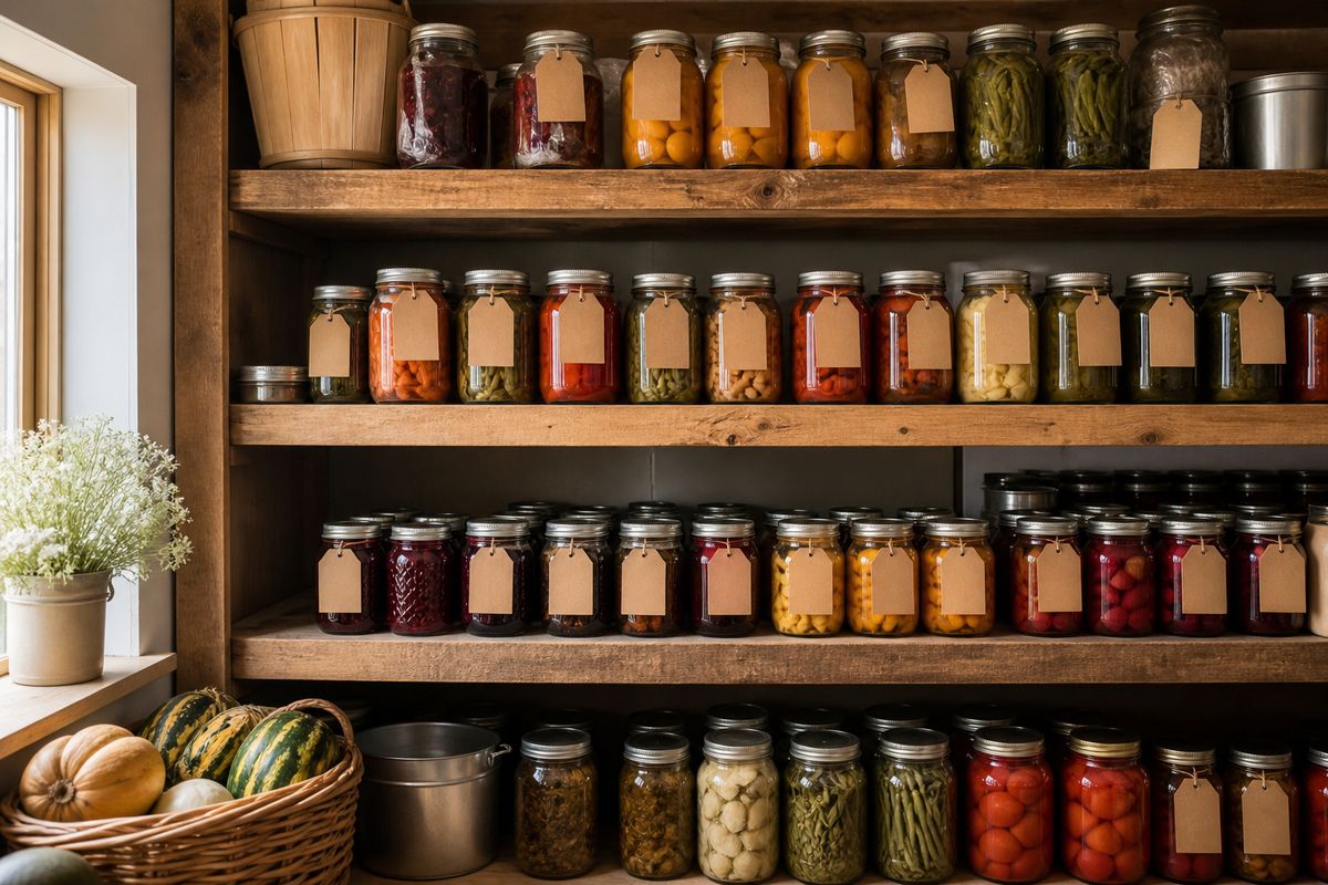 Well organized pantry shelves lined with rows of home-canned jars of fruits, vegetables and jams