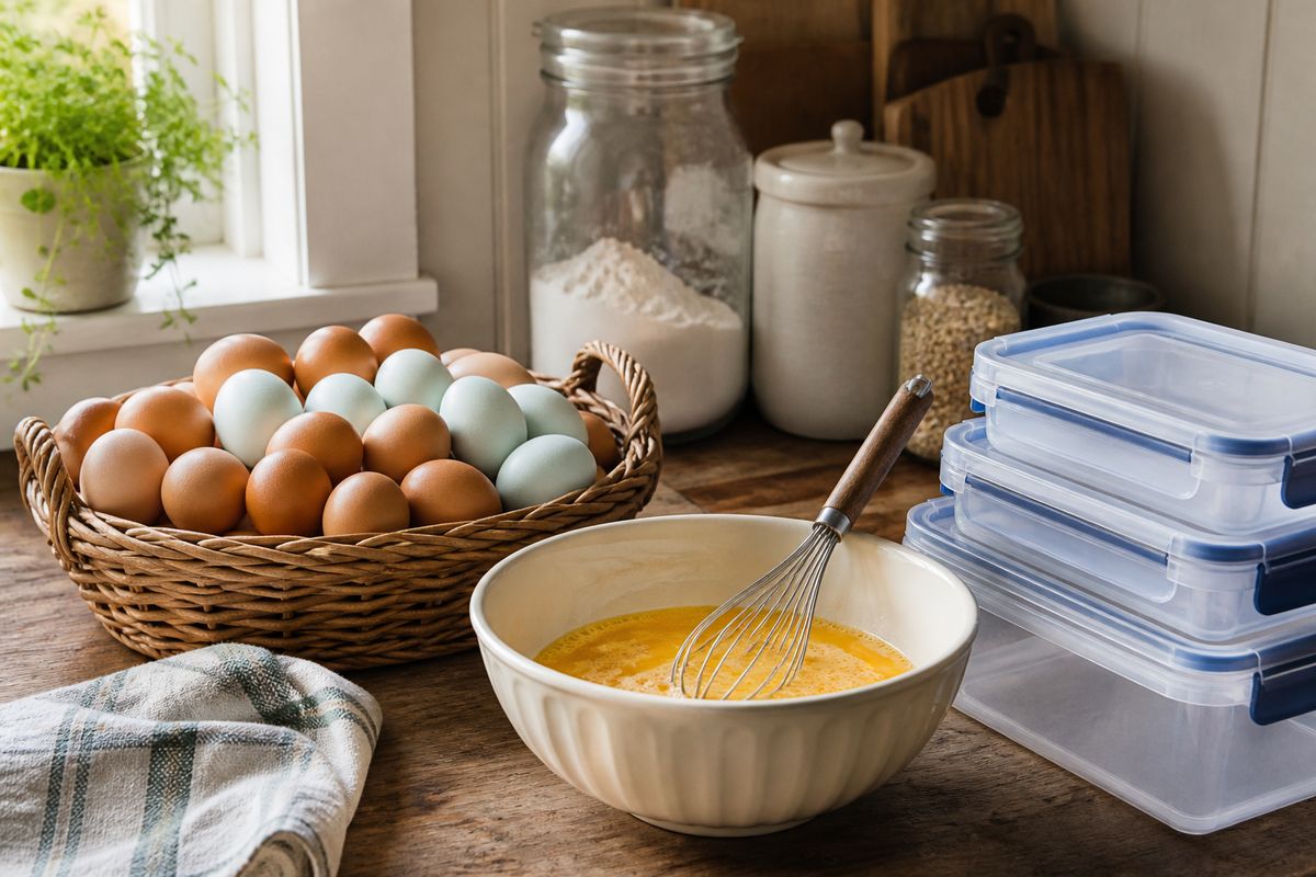 A basket of fresh brown and blue farm eggs beside a bowl of cracked eggs being whisked and labeled-blank freezer containers on a farmhouse counter