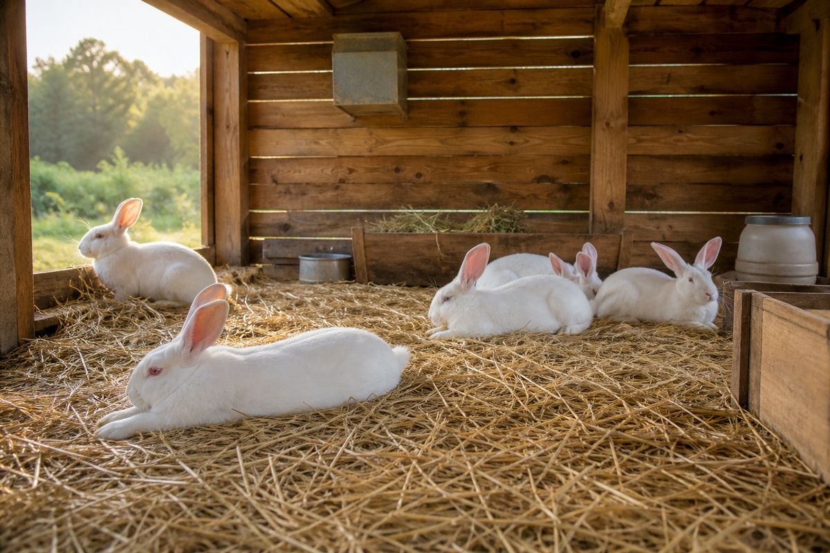 Several healthy New Zealand white meat rabbits resting in a clean, airy wooden hutch on a homestead, straw bedding