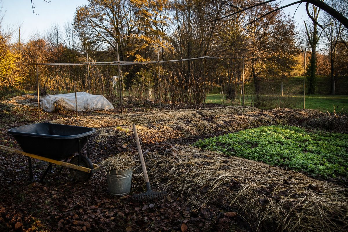 A backyard vegetable garden in late autumn with beds mulched under straw and fallen leaves