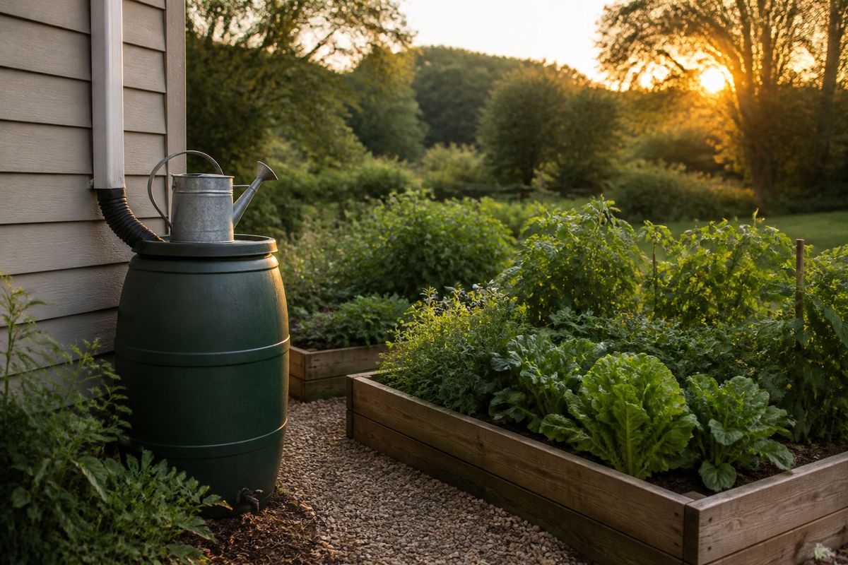 A rain barrel collecting water from a downspout beside a garden