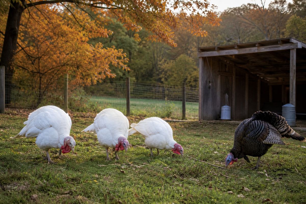 Broad-breasted white turkeys and a bronze heritage turkey foraging in a fenced grassy pasture beside a small wooden shelter