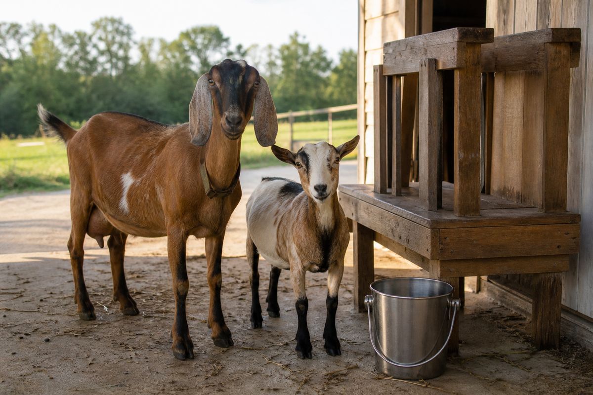 Two friendly Nubian and Nigerian Dwarf dairy goats standing in a clean barnyard beside a wooden milking stand and a stainless milk pail